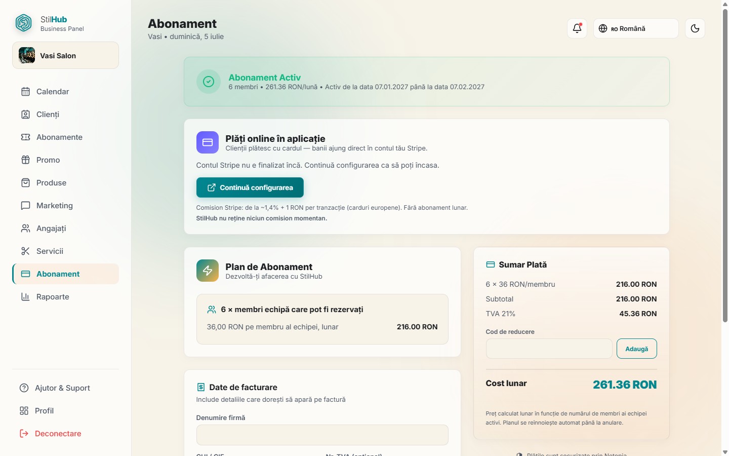 Starea abonamentului, sumarul de plată și configurarea plăților online în panoul StilHub