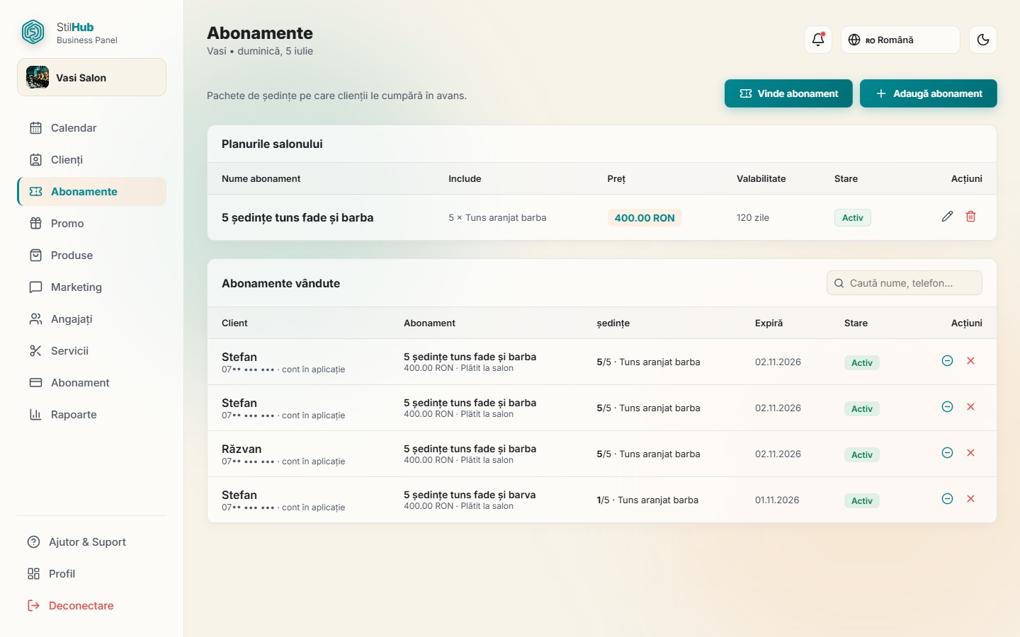 Planurile de abonament ale salonului și abonamentele vândute în panoul StilHub