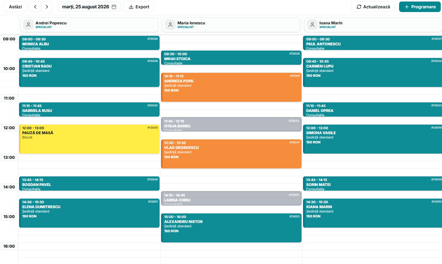 Calendarul StilHub cu programări pe mai mulți specialiști, într-o afacere generală