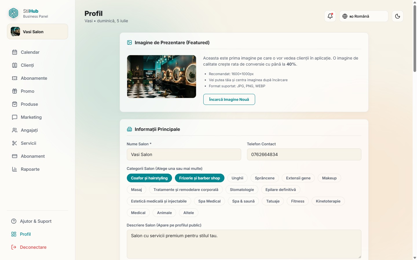 Profilul public al salonului — imagine de prezentare, informații principale și categorii în panoul StilHub