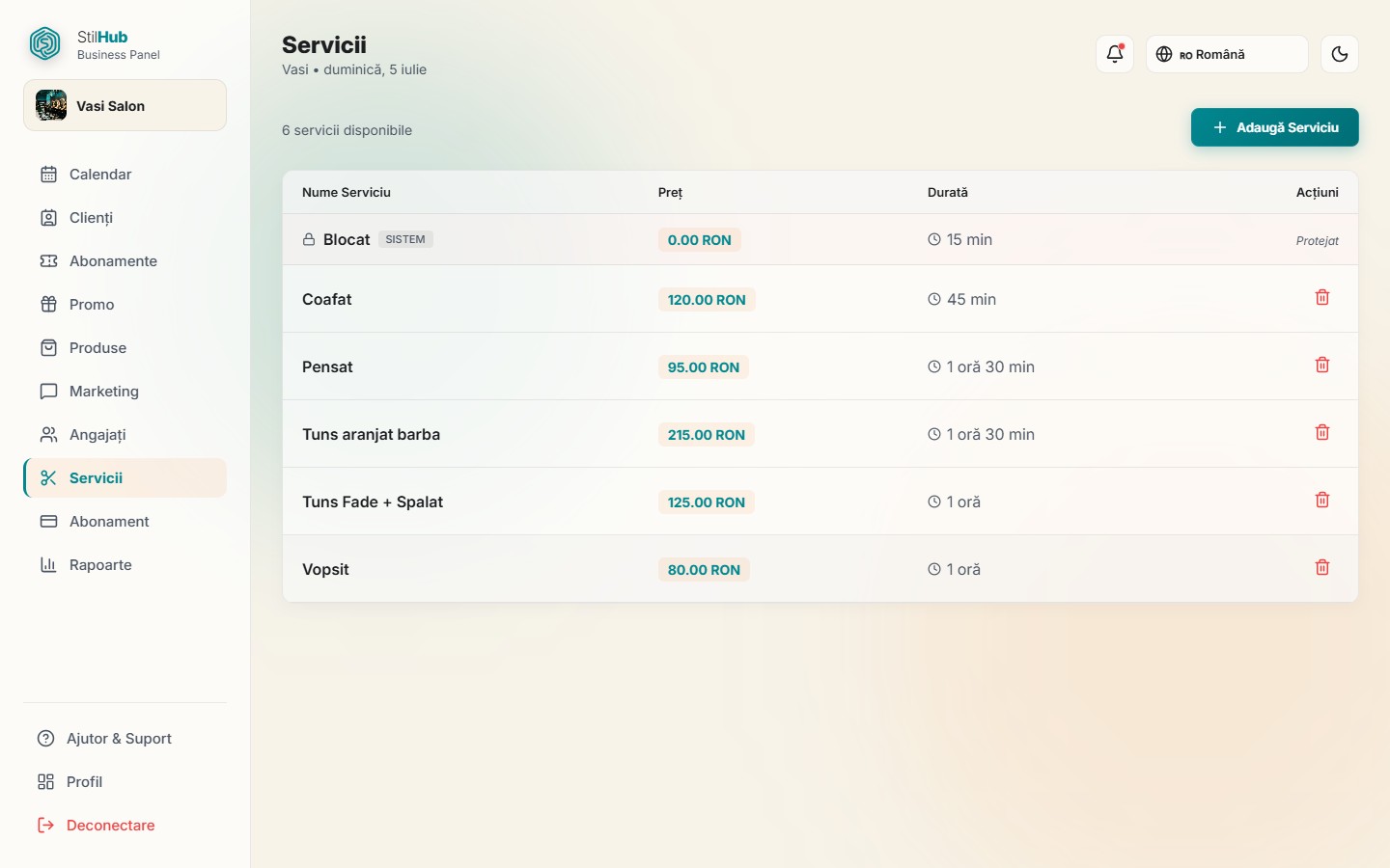 Tabelul de servicii al salonului în panoul StilHub